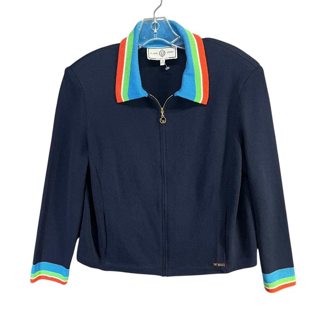 St. John Sport Santana Knit Cardigan M Blue Rainbow Collar Full Zip Luxury Yacht